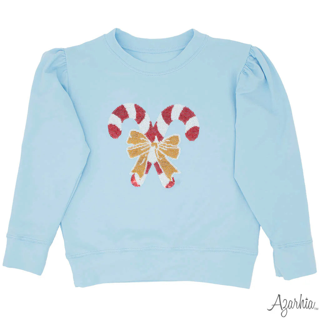 Light Blue Sweatshirt with Sequin Candy Canes