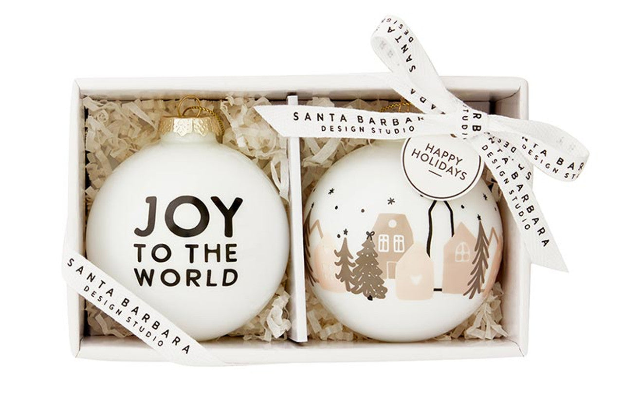 Glass Ornament Set - Joy to the World + Houses - Set of 2