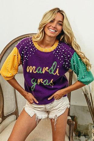 Mardi Gras Color Block Pearl Beads Sweater