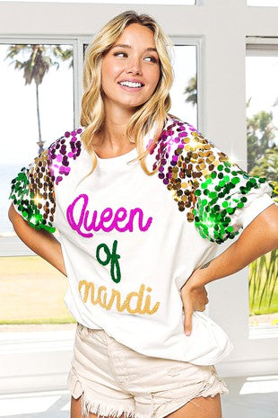 Queen of Mardi Embroidery Short Sleeve Mardi Gras Top