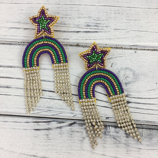 Mardi Gras Rainbow Rhinestone Tassel Earrings